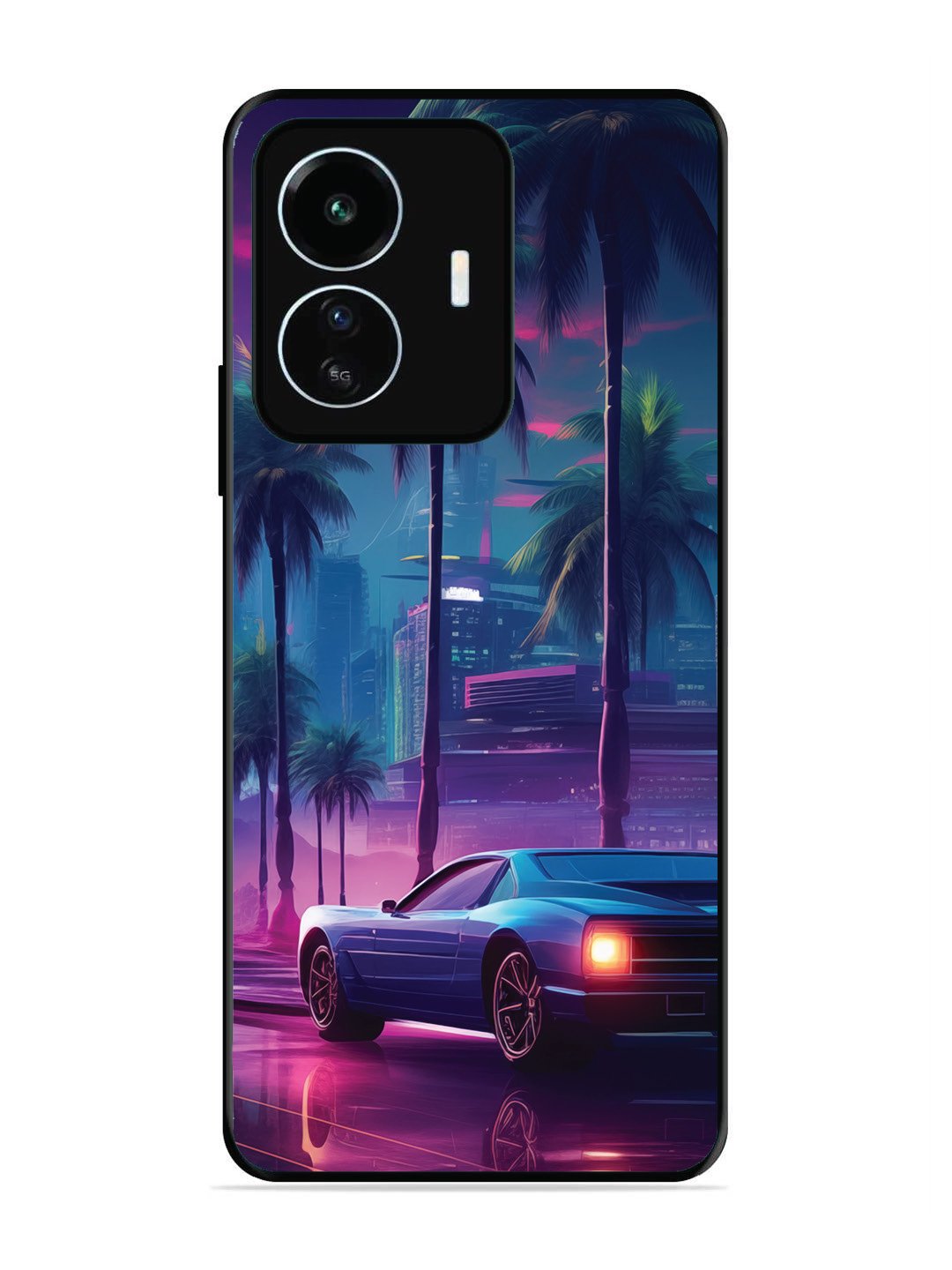Iqoo Z6 Lite sunset-sports-car-city-palm-trees