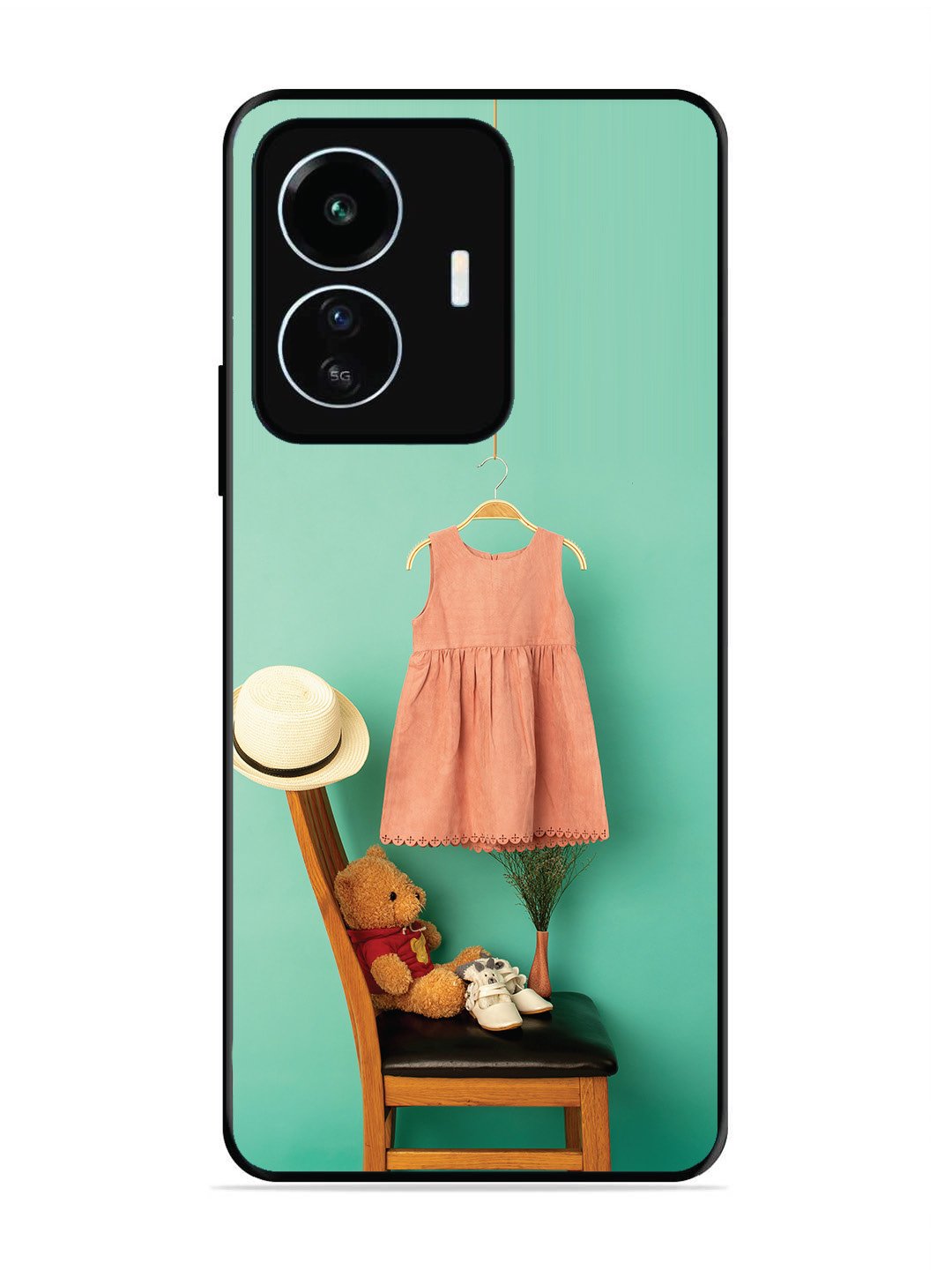 Iqoo Z6 Lite Trendy dress for girl near toy bear