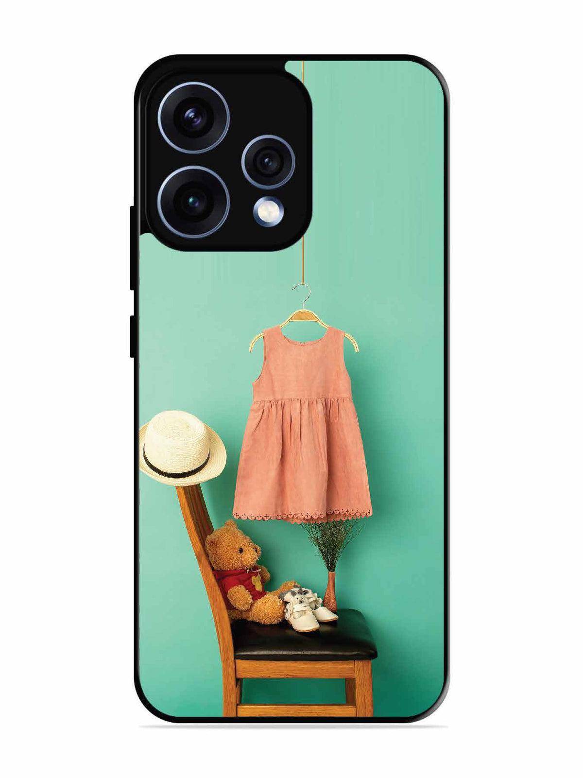 Oppo RENO 15 5G Trendy dress for girl near toy bear