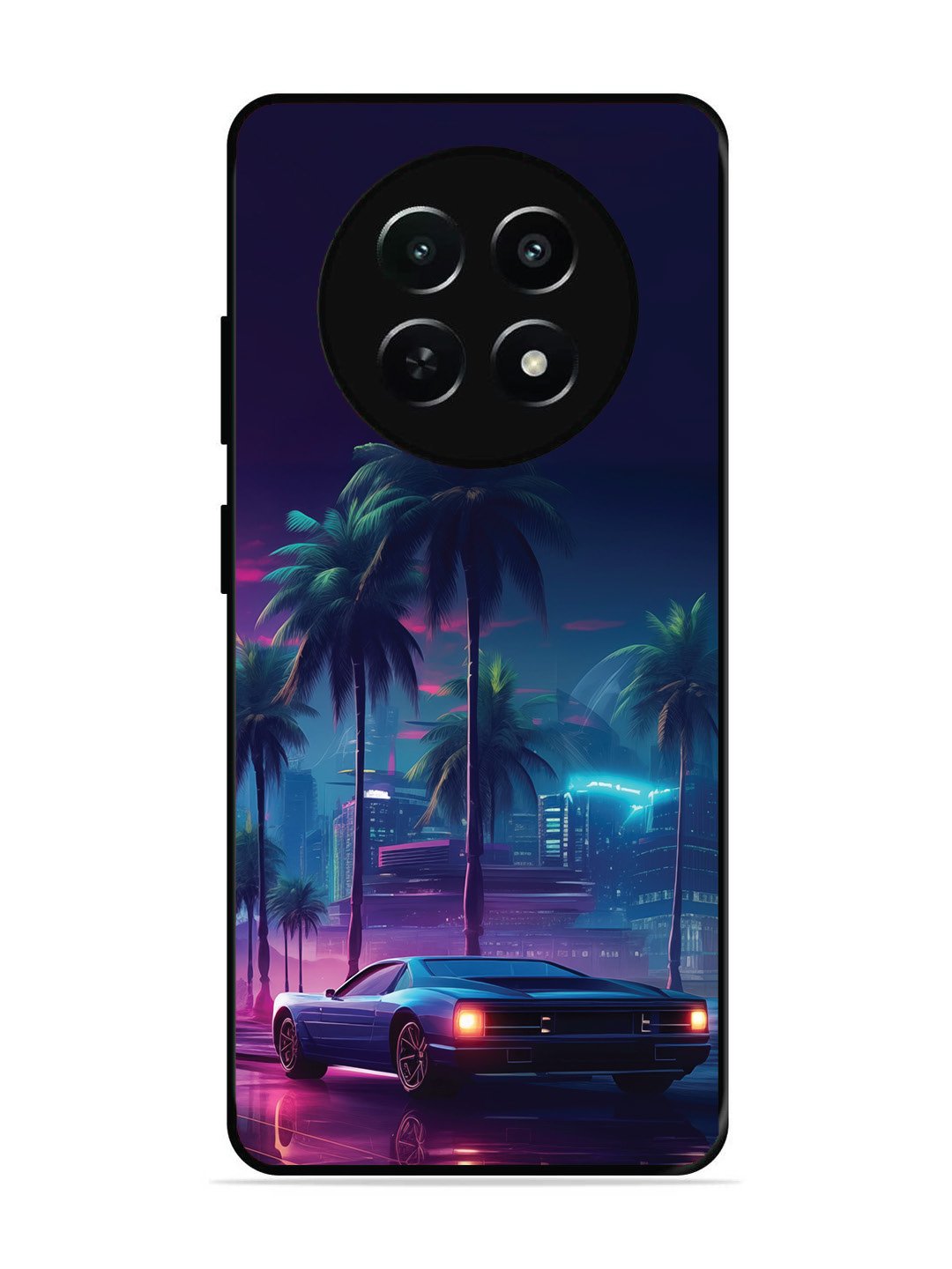 Realme Narzo 70x sunset-sports-car-city-palm-trees