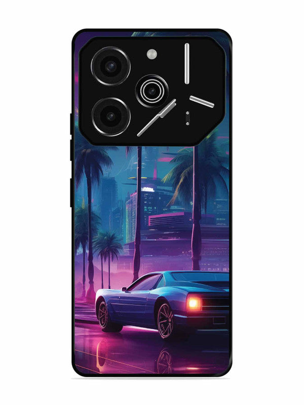 Tecno Pova 6 Pro 5G sunset-sports-car-city-palm-trees