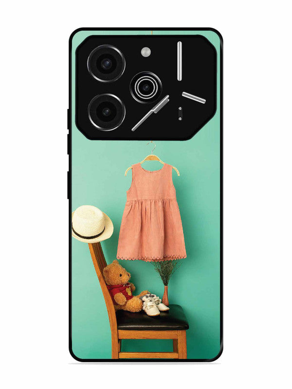Tecno Pova 6 Pro 5G Trendy dress for girl near toy bear