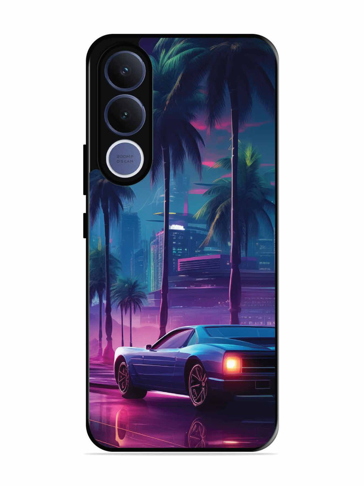 Vivo V70 fe sunset-sports-car-city-palm-trees