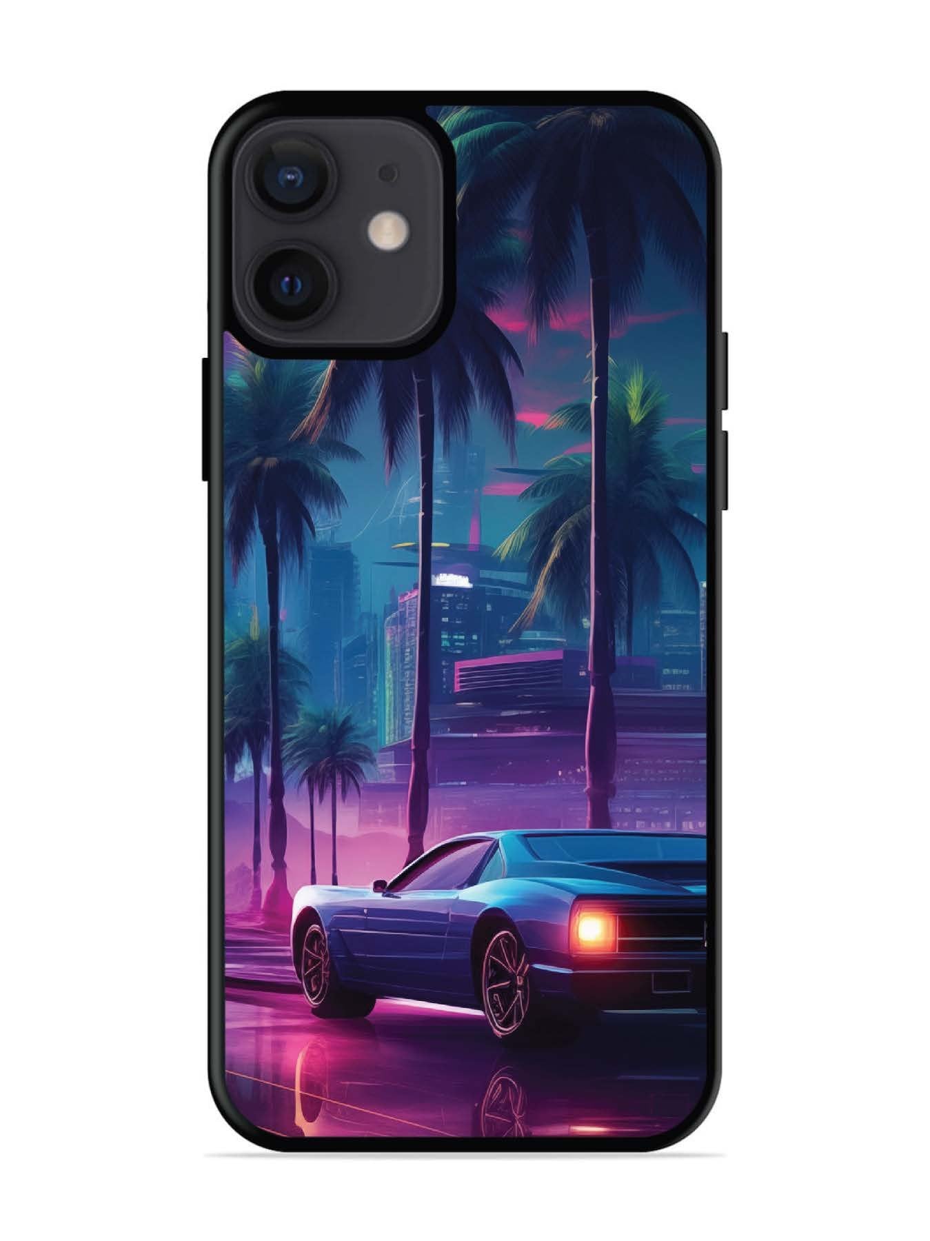 iPhone 12 Mini sunset-sports-car-city-palm-trees