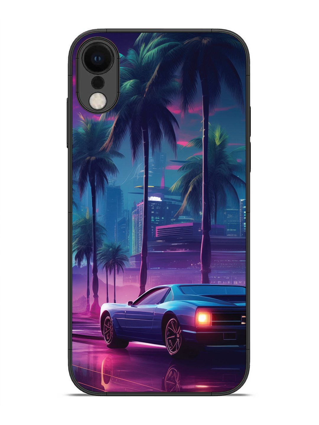 iPhone X sunset-sports-car-city-palm-trees