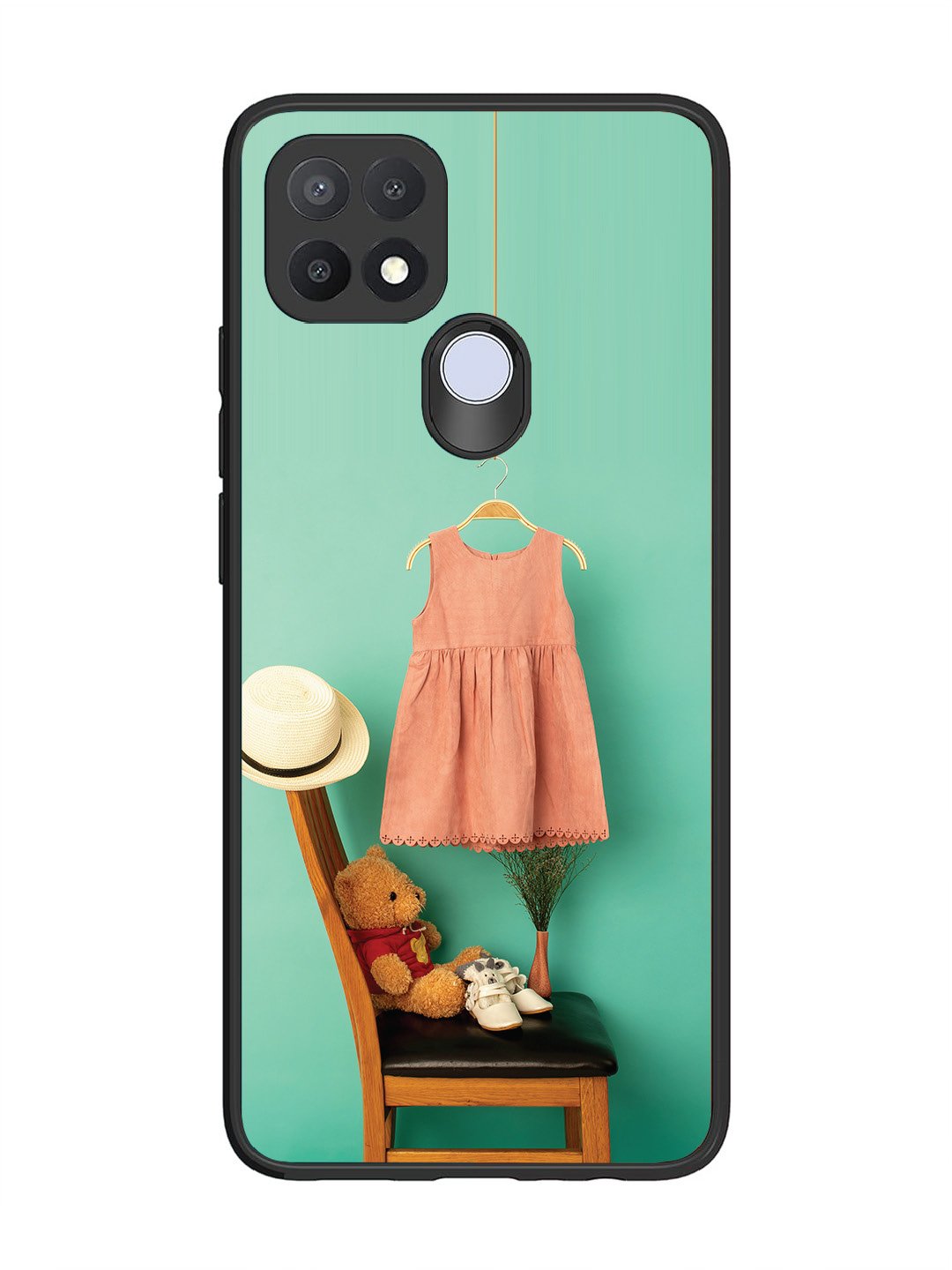 Oppo A15 Trendy dress for girl near toy bear