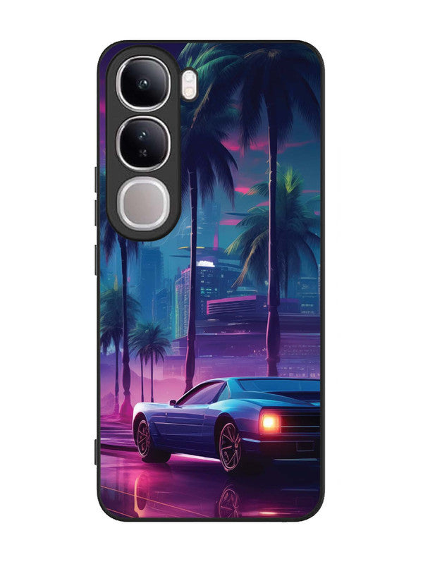 Vivo V40 Lite sunset-sports-car-city-palm-trees