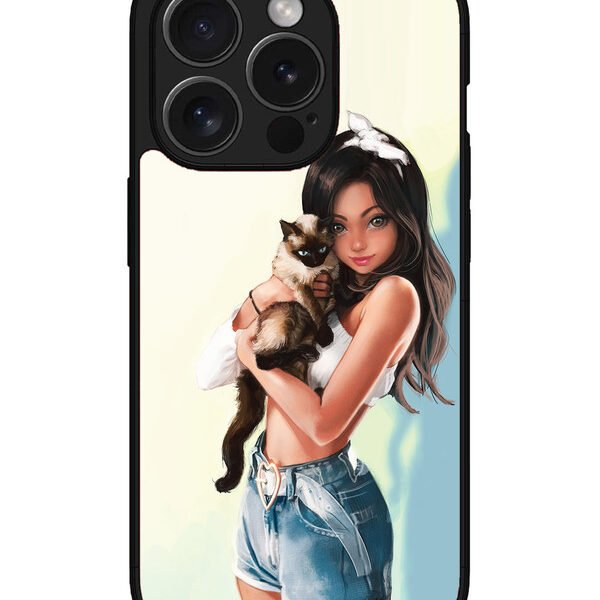 Iphone 15 Pro | 2D Metal | Cute Girl With Cat | LC068